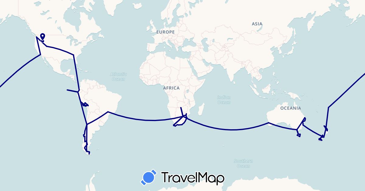 TravelMap itinerary: driving in Argentina, Australia, Brazil, Chile, Ecuador, Fiji, New Zealand, Peru, Swaziland, United States, South Africa, Zambia, Zimbabwe (Africa, North America, Oceania, South America)